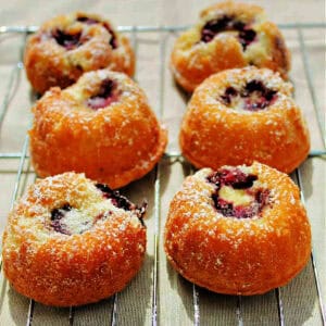 Blackberry mini bundt cakes with a dusting of icing sugar.