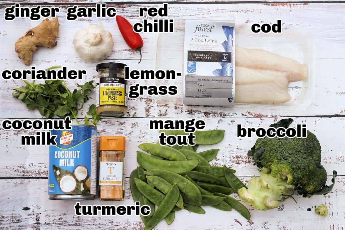 Ingredients for fish curry laid out on white wooden table, with labels.