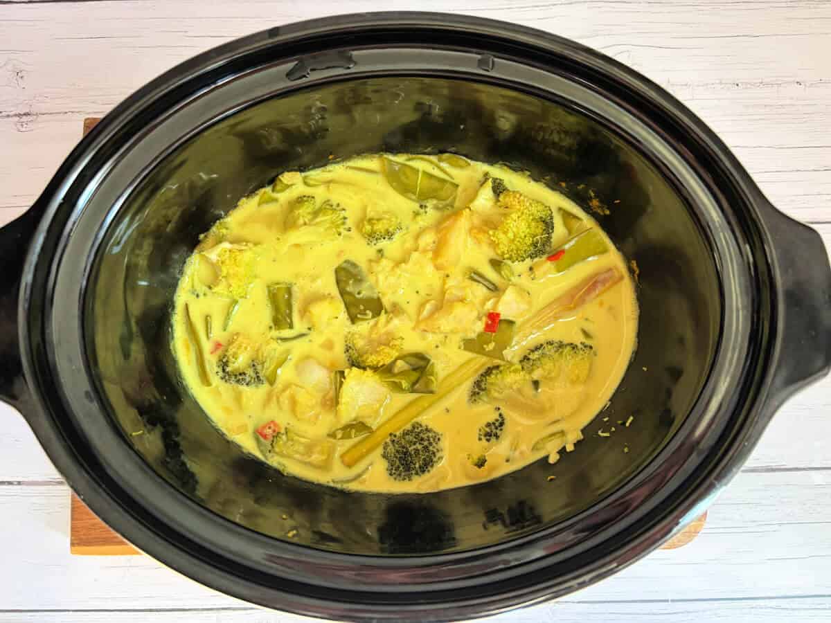 Cooked fish curry in slow cooker pot.