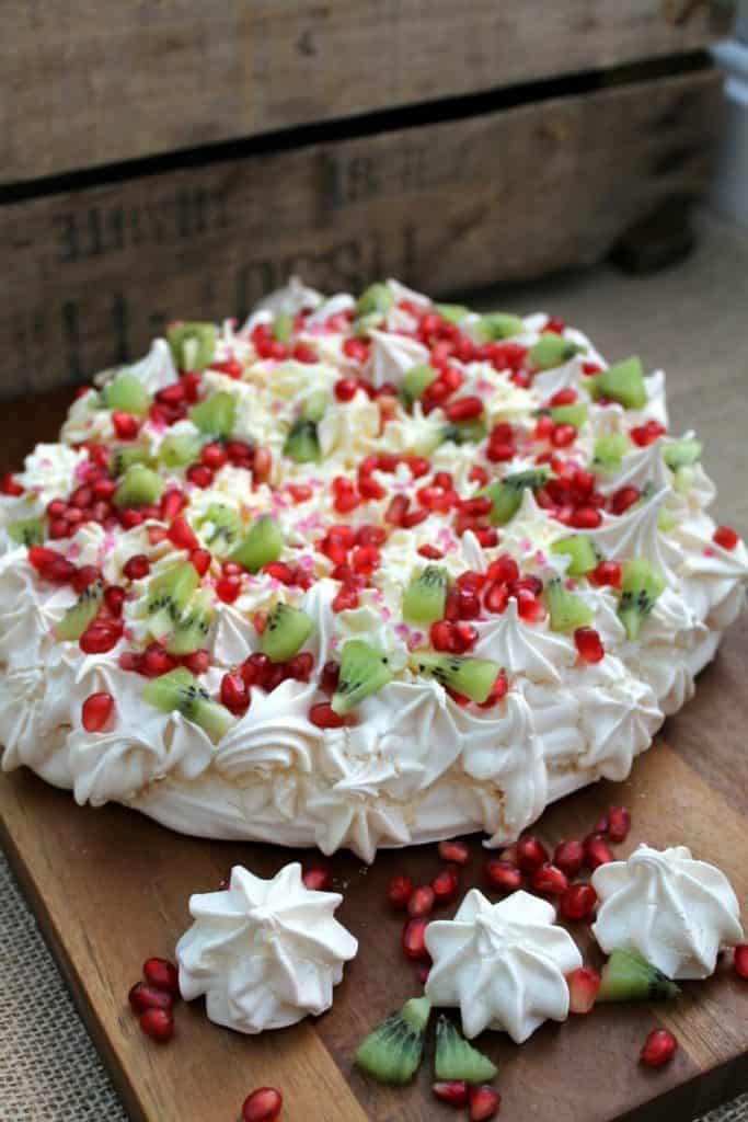 Pomegranate and kiwi crown pavlova