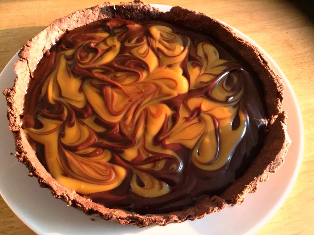 Chocolate and salted caramel tart close-up