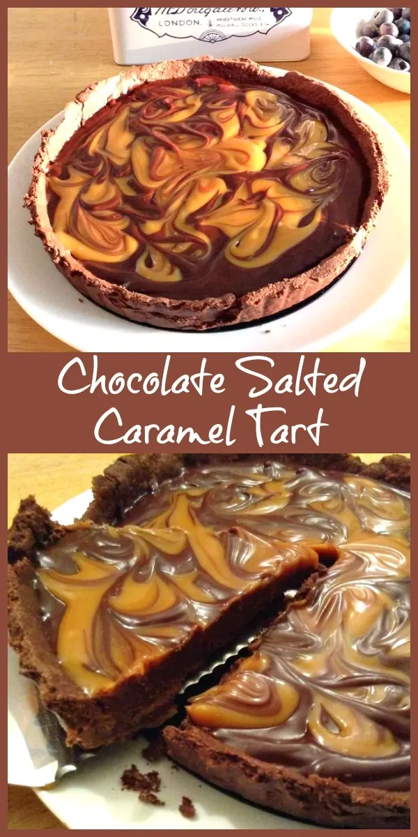 Chocolate salted caramel tart collage