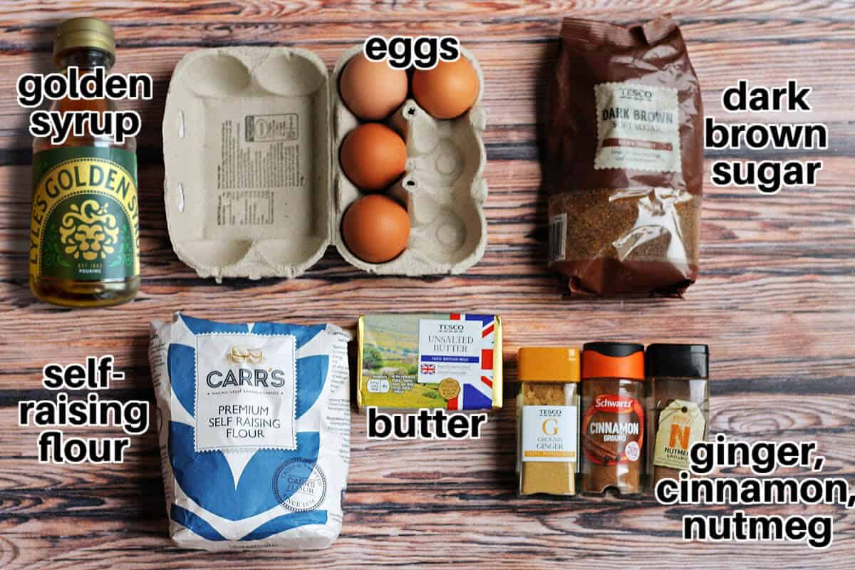 Labeled ingredients on wooden background.