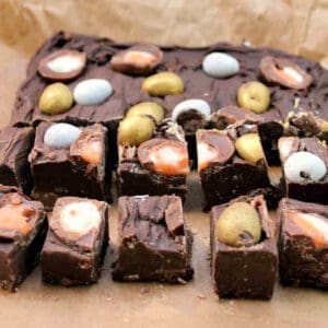Squares of chocolate fudge topped with mini chocolate eggs.