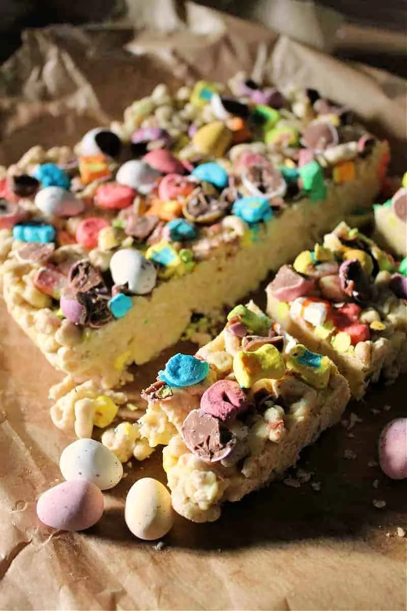 Close up of chocolate slice with colourful chocolate toppings.