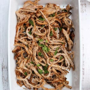 Shredded pork fillet in a white serving dish, with herb garnish.