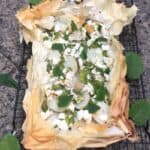 Broad bean, feta and new potato filo tart
