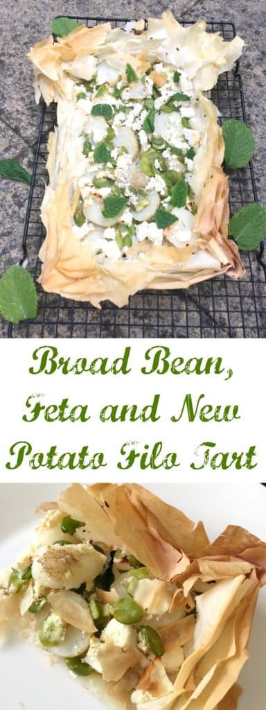 Broad bean, feta and new potato filo tart
