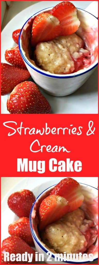 Strawberries and Cream Mug Cake - a summery indulgent microwave mug cake to fix that strawberry craving 