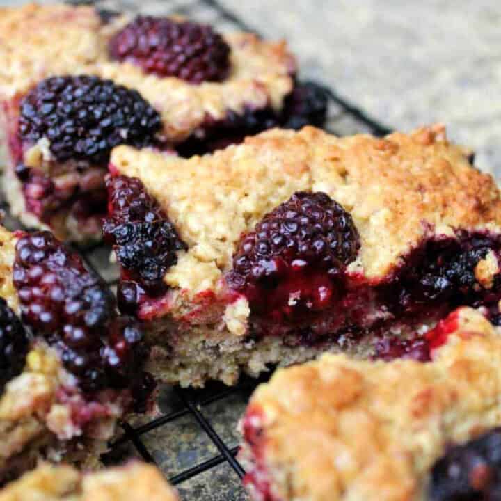Squares of blackberry traybake on a cooling rack.