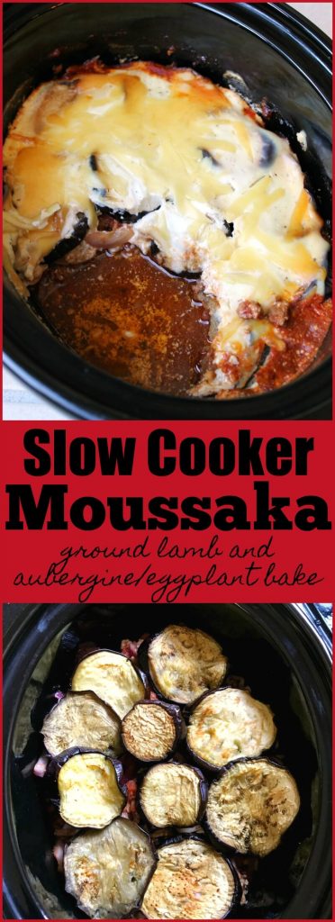 Slow Cooker Moussaka - a Greek dish of ground lamb with aubergine/eggplant and a thick creamy sauce