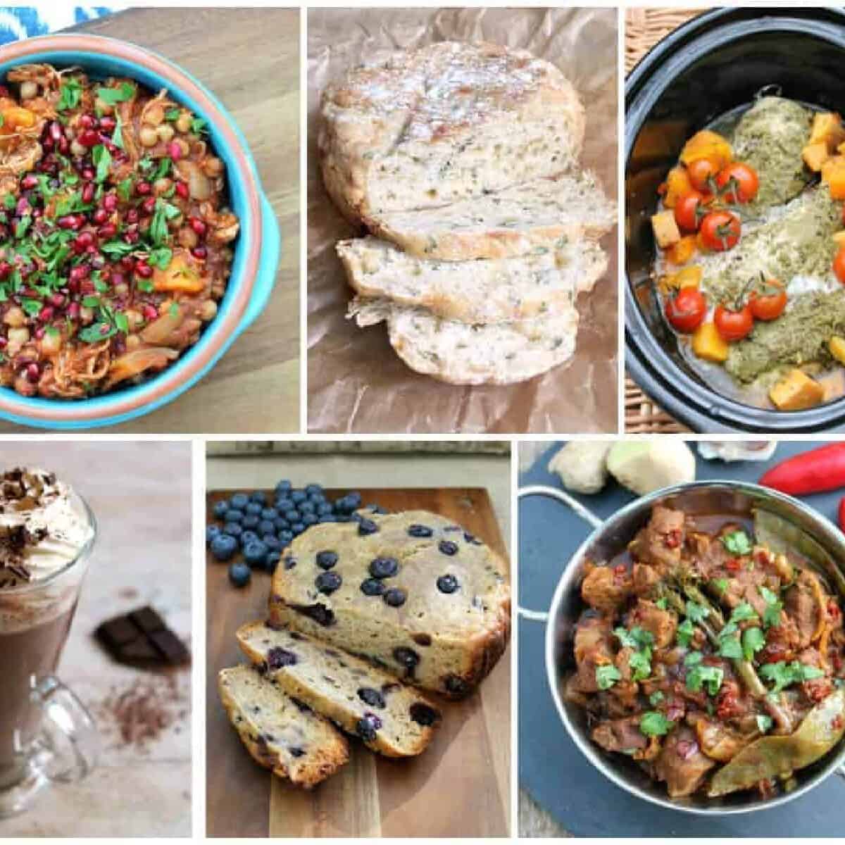 Collage of several slow cooker dishes.