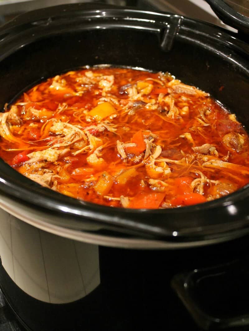 Paprika pork goulash in the slow cooker after shredding