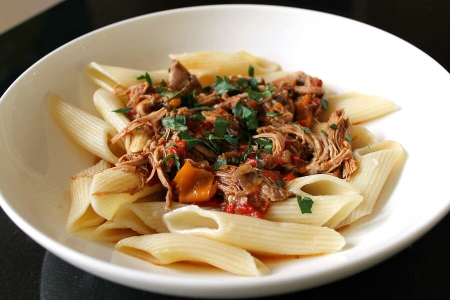 Paprika pork goulash served with pasta in a pasta bowl