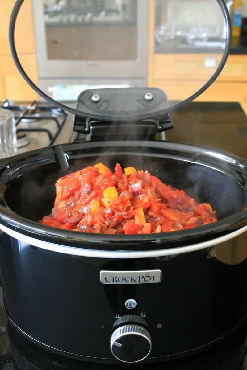 Sauce poured over the pork in the slow cooker to make paprika pork goulash