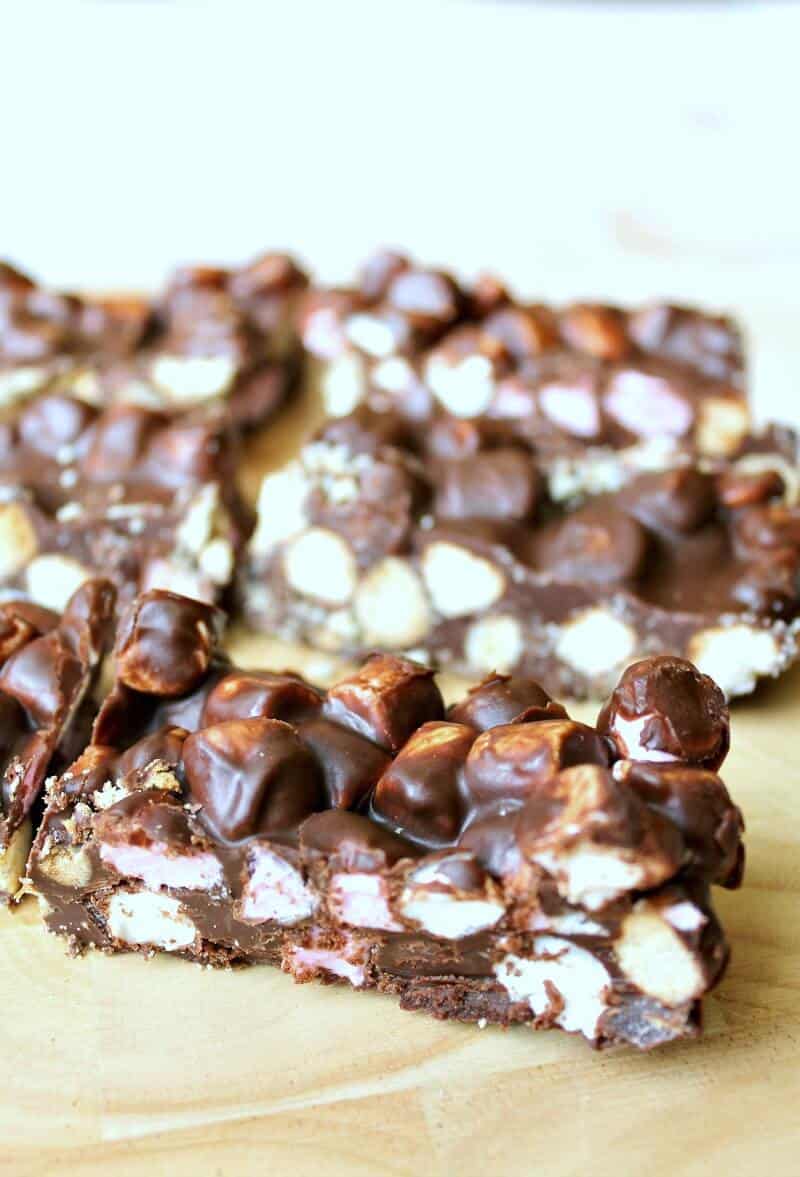 Rocky road slices showing the marshmallows and Digestive balls within
