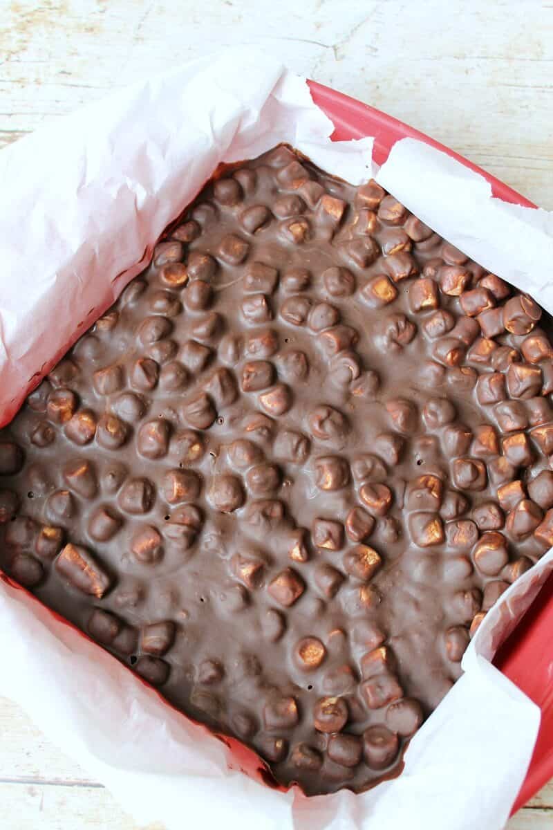 Top view of the rocky road tray when it has just set in the fridge