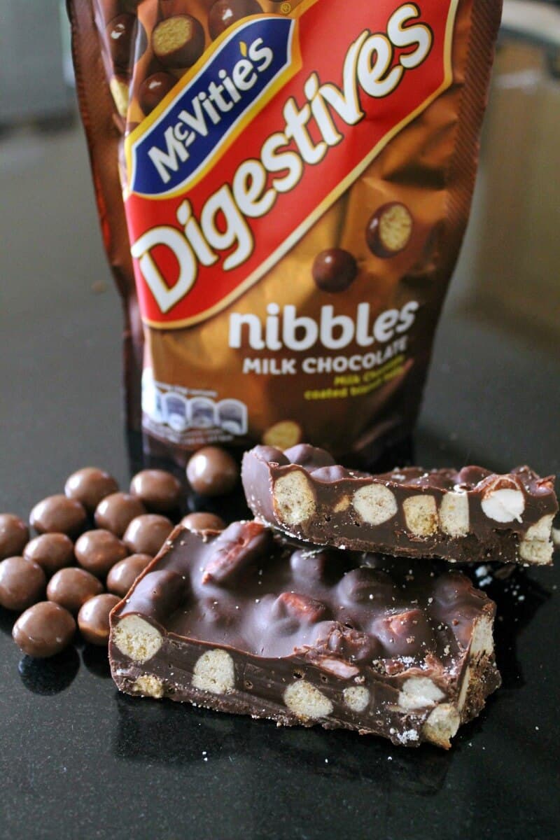 Rocky Road slices with Digestive Nibbles on counter