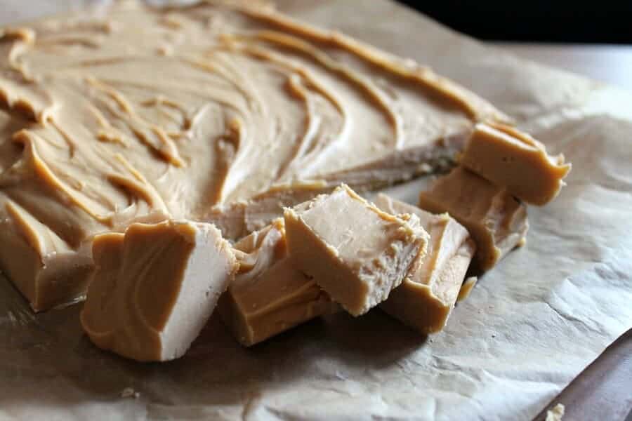 Boozy slow cooker salted caramel fudge side view