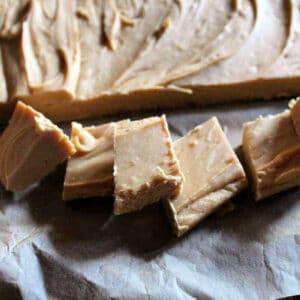 Close up of golden squares of fudge.