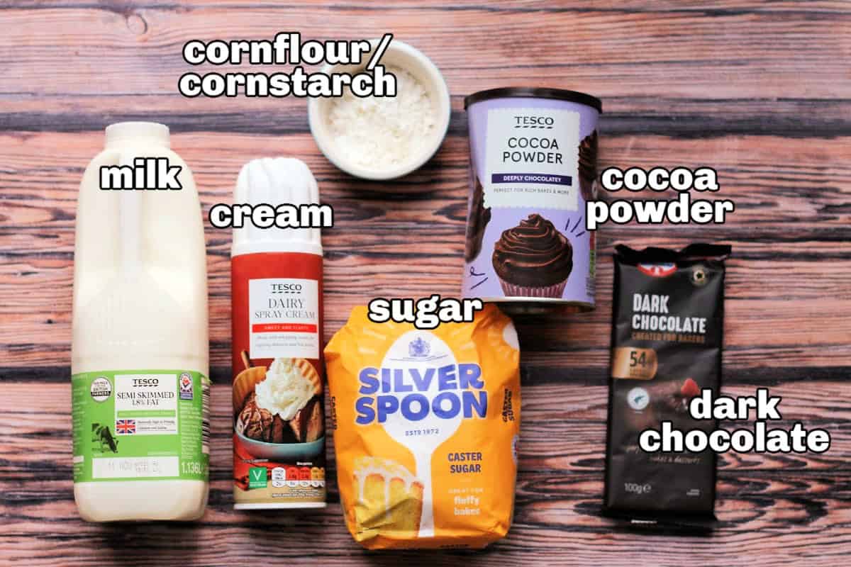 Labelled ingredients for hot chocolate on wooden background.