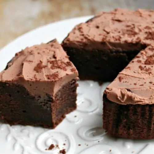 Close up of chocolate cake on a white plate.