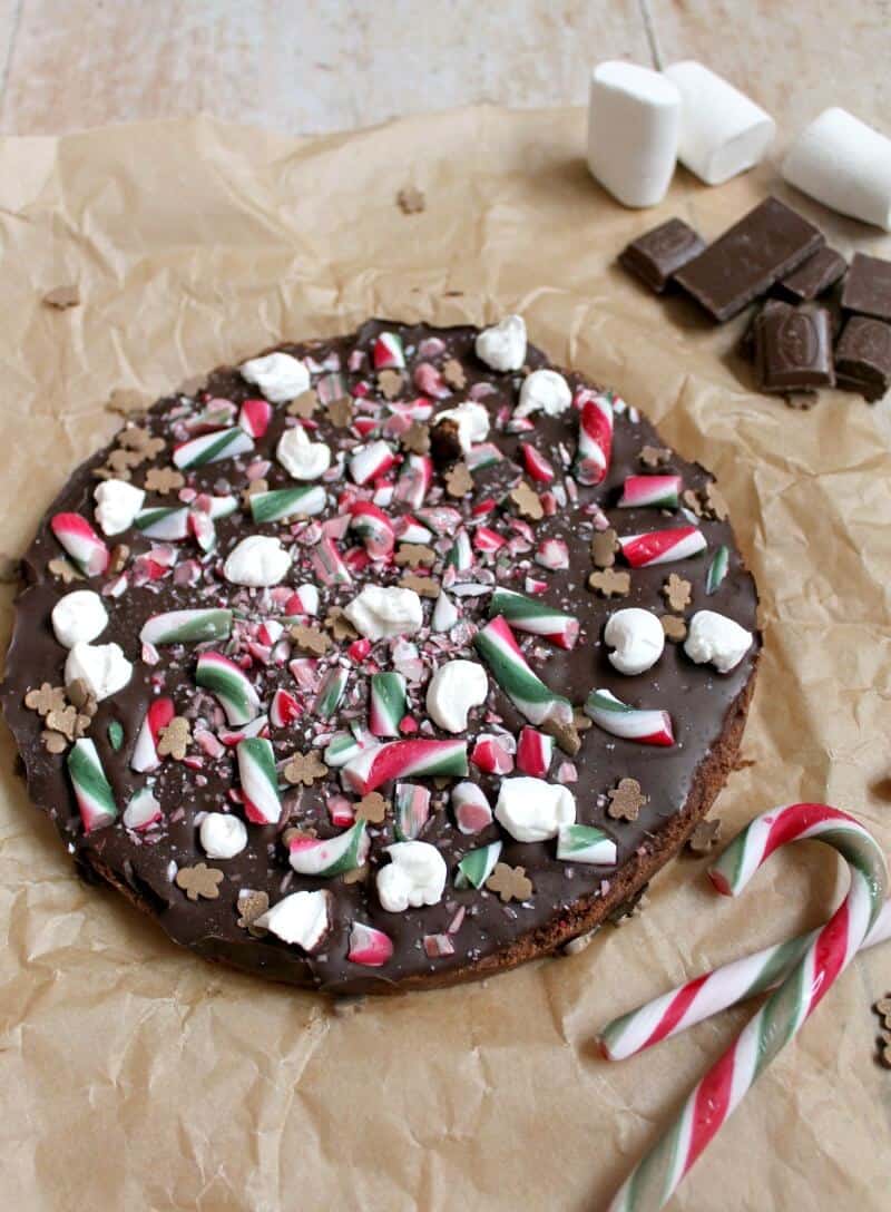 Christmas chocolate shortbread with candy canes, marshmallows and chocolate