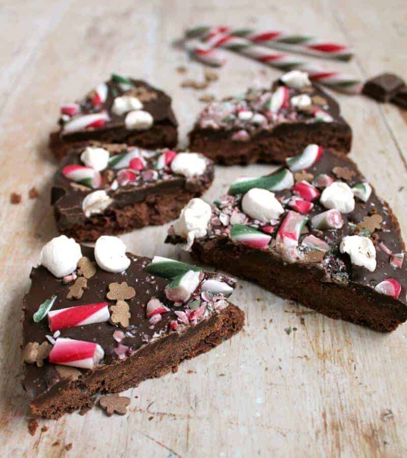 Christmas chocolate shortbread, sliced up, with candy canes