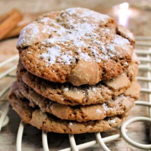 A stack of cookies with powdered sugar dusted on top.
