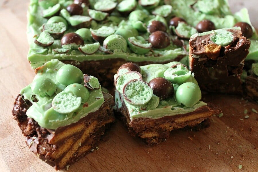 Mint Aero Chocolate Fridge Cake, sliced on a wooden board