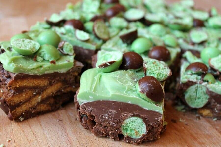 Mint Aero Chocolate Fridge Cake, close up of mint aero bubbles encased in chocolate