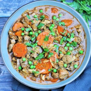 Bowl of lamb stew with carrots garnished with parsley.