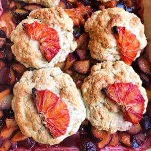Cobbler with scone topping and blood orange slices on top.