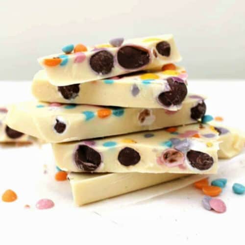 Stack of white chocolate Easter bark.