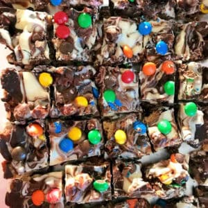 M&M rocky road with swirled chocolate and M&Ms on top.