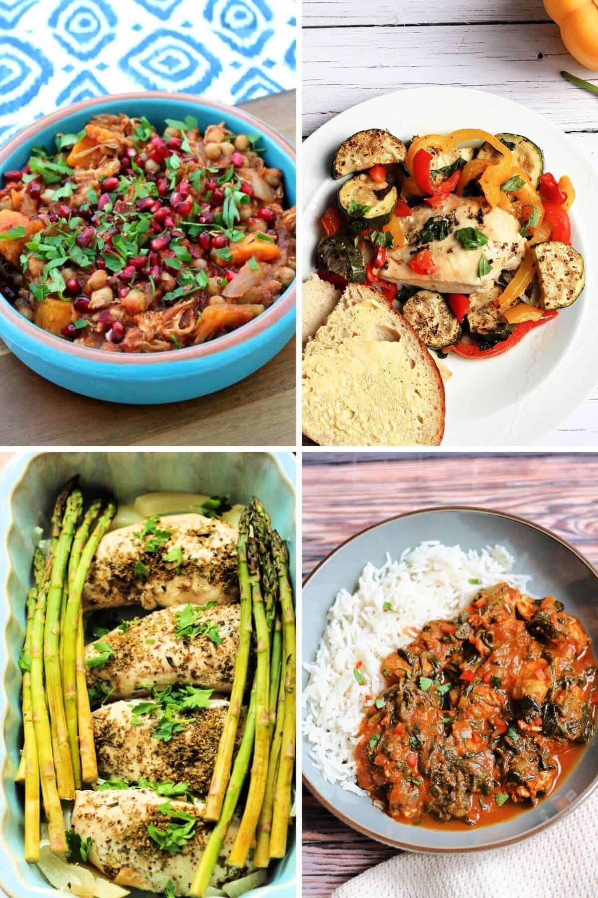 Collage of four chicken slow cooker dishes served up.