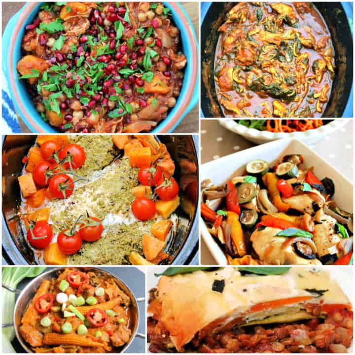 Collage of healthy slow cooker dishes.