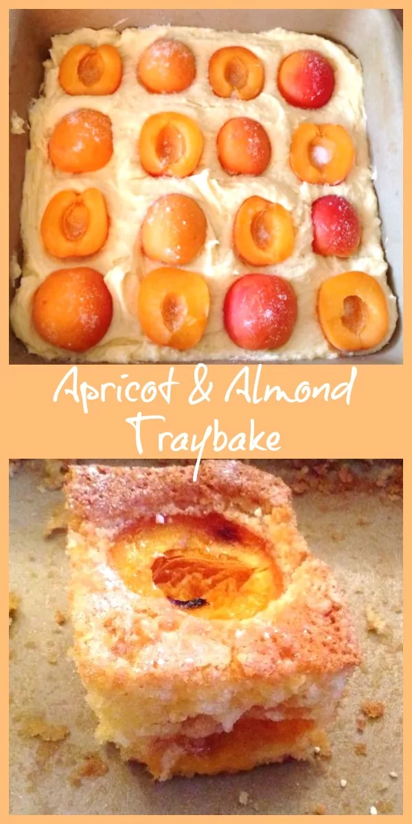 Collage of apricot and almond traybake before and after baking