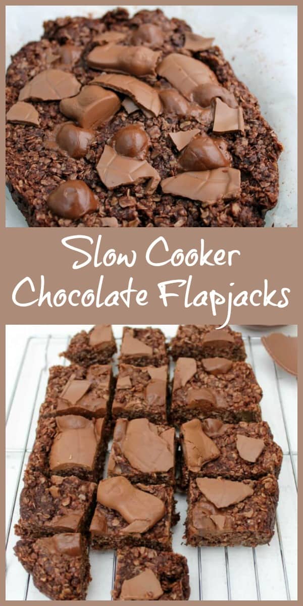 Collage of slow cooker chocolate flapjacks cut into squares
