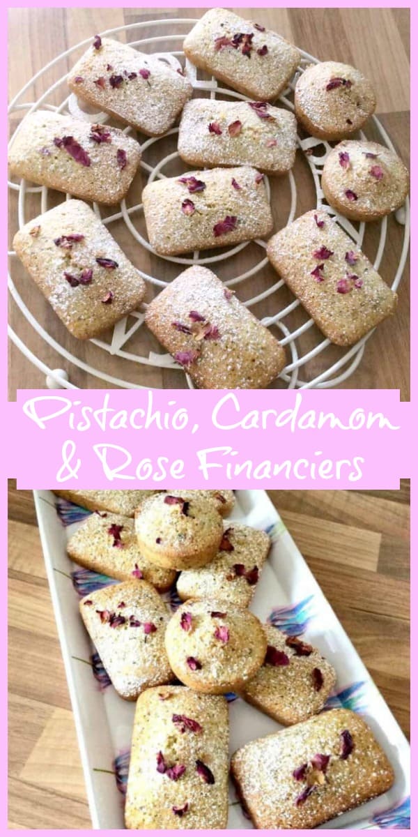 Collage of pistachio, cardamon and rose financiers on a cooling rack