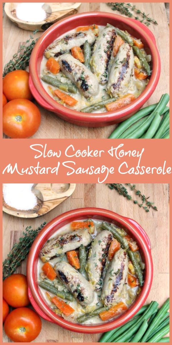 Collage of slow cooker honey mustard sausage casserole photos
