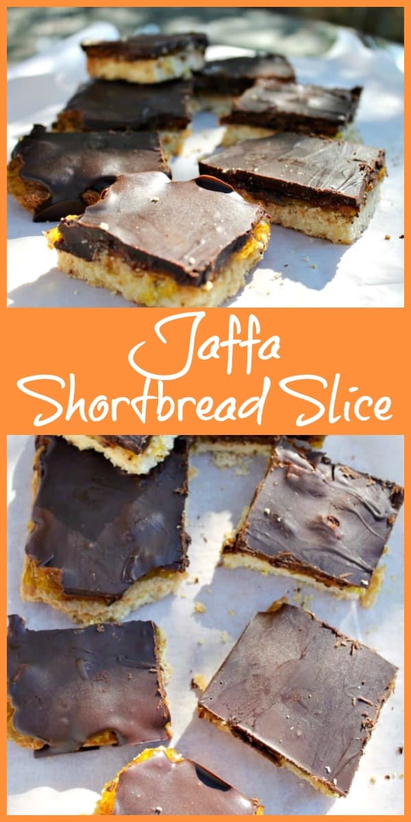 Collage of squares of jaffa shortbread slice