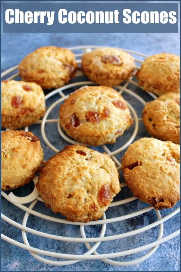 Cherry coconut scones with text over image.