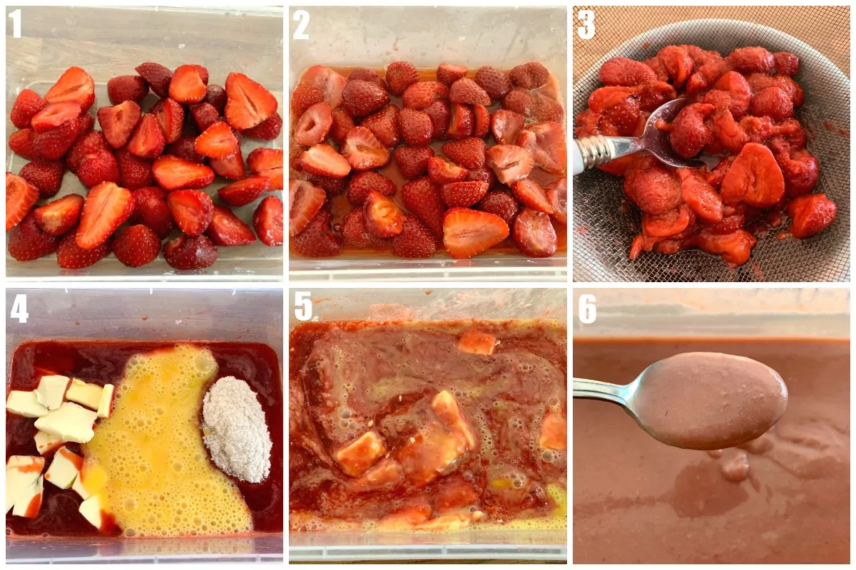 Collage of images showing steps to make strawberry curd, strawberries in a tub at various stages of the process.