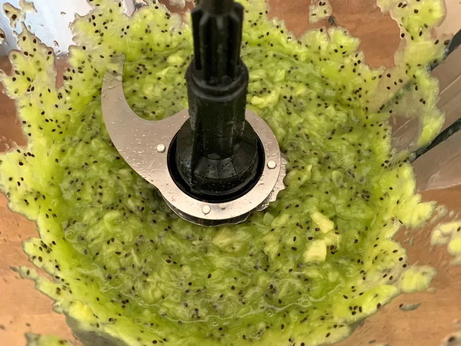 Pureed kiwi fruit in blender bowl after blending.