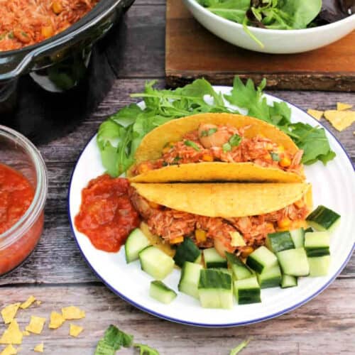 Taco filled with Mexican chicken, with salad on the side.