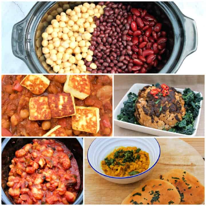 Collage of vegetarian/vegan slow cooker dishes.