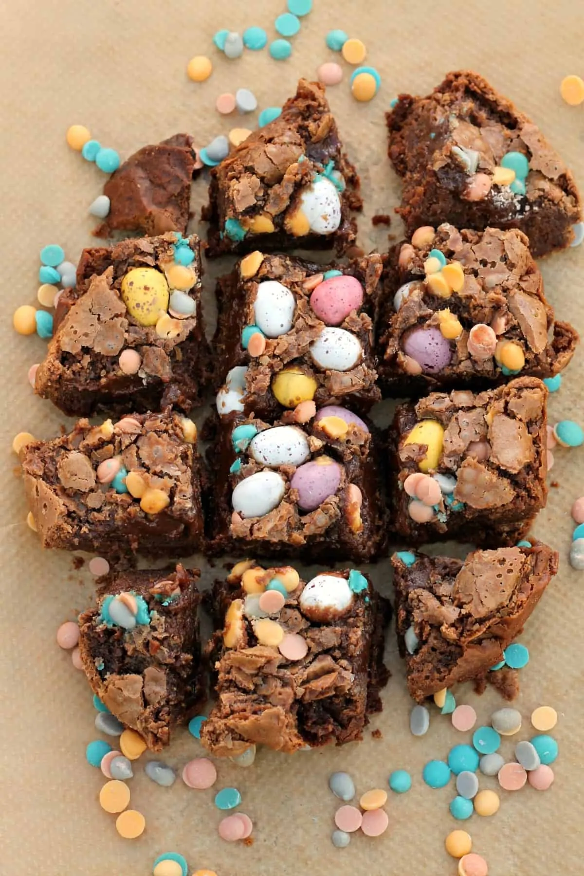 Brownies topped with Mini Eggs in squares.