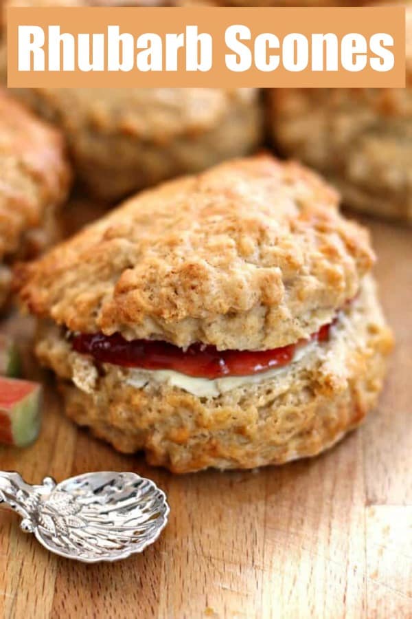 Rhubarb scone image with text collage for Pinterest.