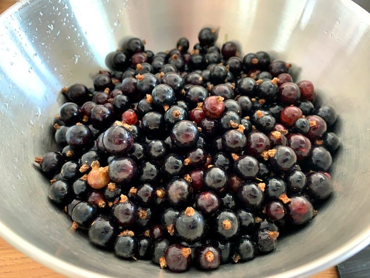 A metal bowl filled with freshly washed blackcurrants.